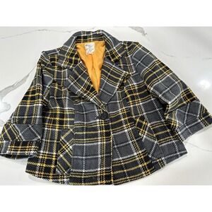 Tulle Plaid Blazer‎ Jacket Yellow Grey Black Wool Blend Swing Crop Coat Womens M